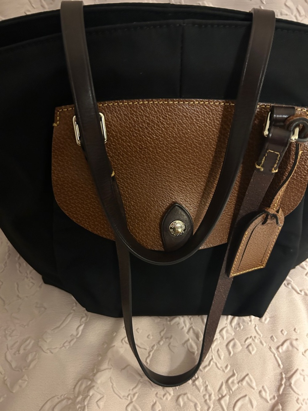 Dooney & Bourke Black Tote Bag with Brown Leather Flap and Handles - Picture 4 of 10